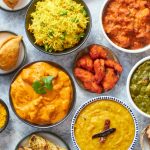 Traditional Indian food in ceramic bowls